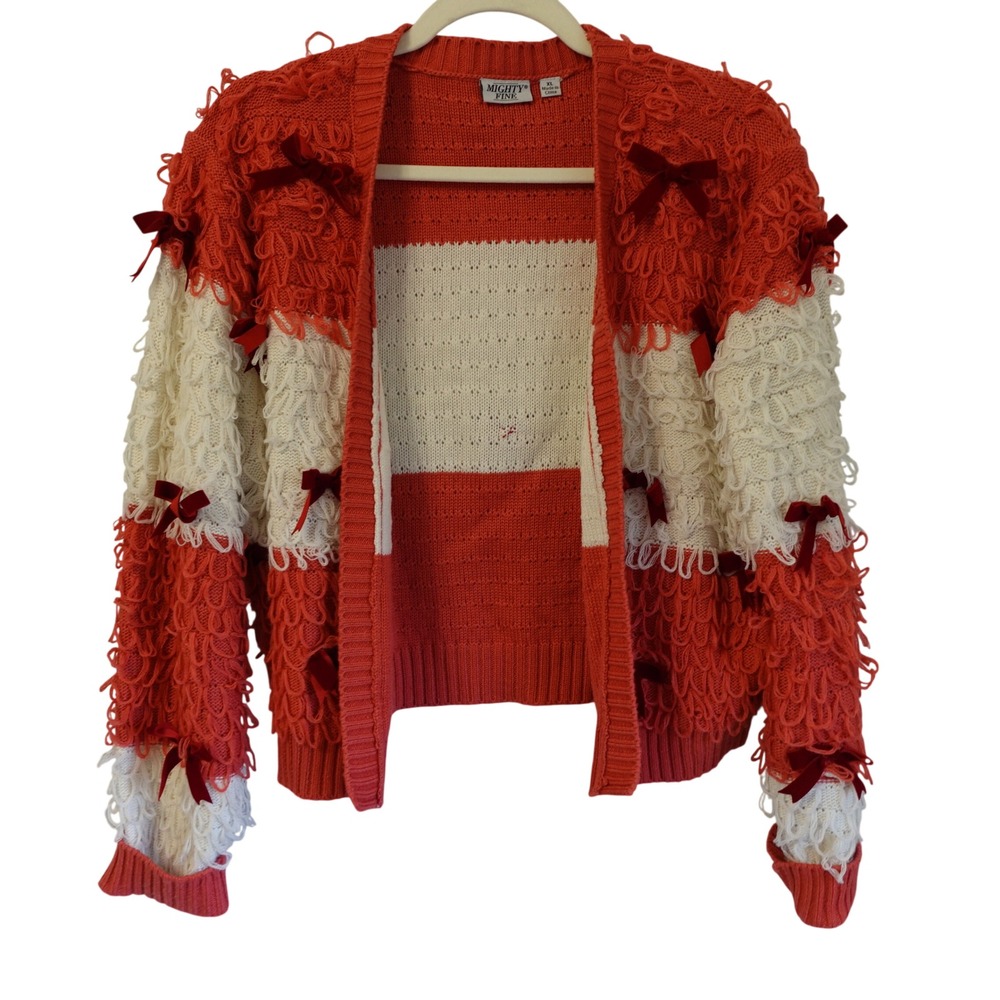 Vtg Y2K Loopy Knit Open Front Cardigan Red White Velvet Bows XL Sweater Coquette